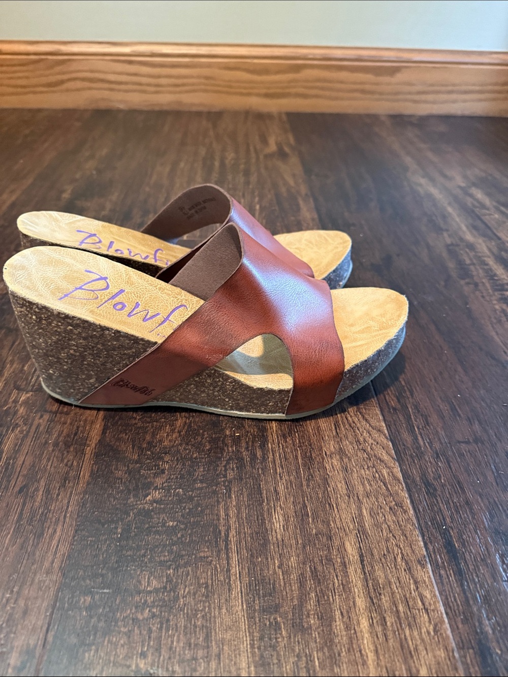 Blowfish Brown Leather Cork Wedge Slide Sandals - Picture 3 of 6